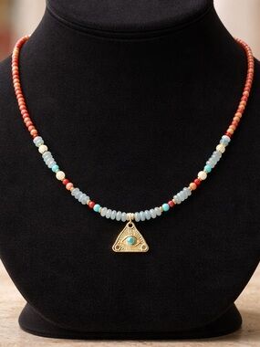 Gold Triangle Pendant Beaded Necklace - Coral and Aqua